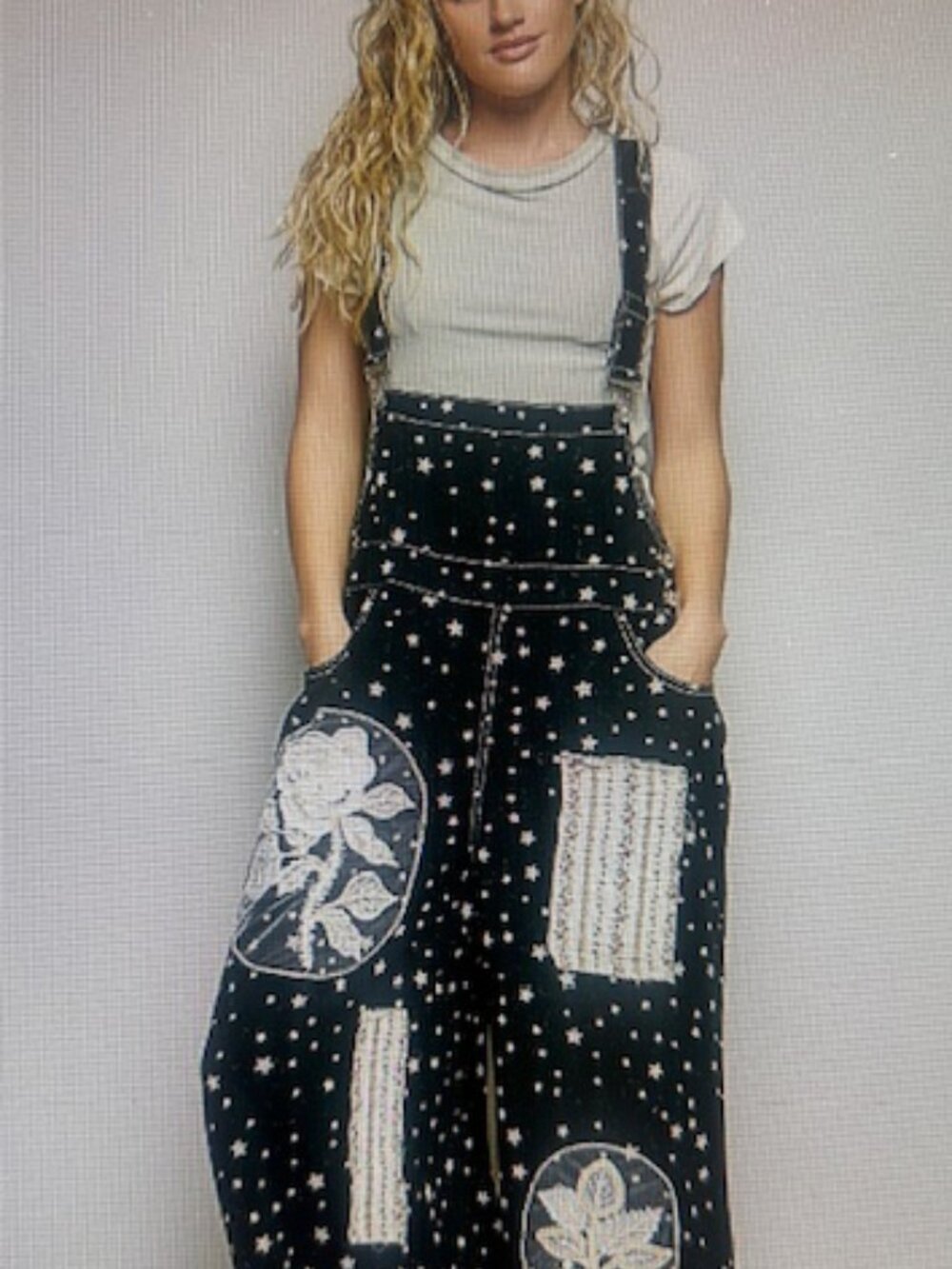 POL Black Star Embroidered Patchwork Adjustable Strap Relaxed Fit Overalls NEW